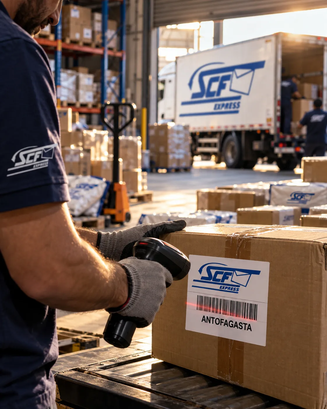 Operario de SCF Express escaneando una caja con destino Antofagasta en la bodega