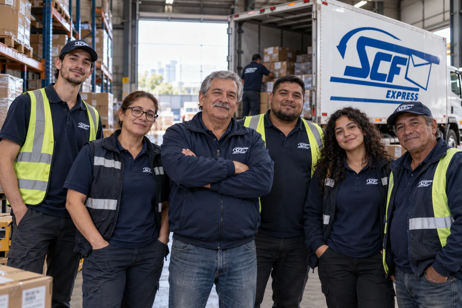 Equipo de SCF Express en la bodega de Estación Central junto al camión
