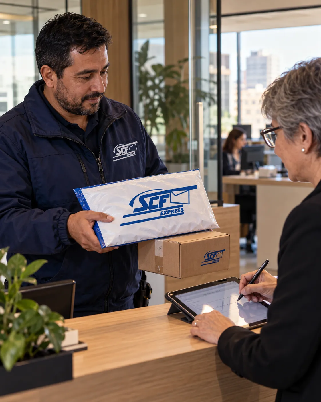 Repartidor de SCF Express entregando una valija empresarial en una recepción de oficina